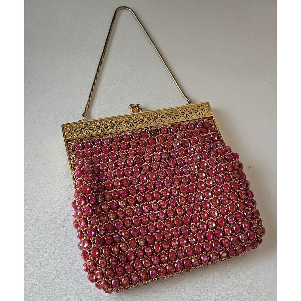 Vintage 6" Red Beaded Clutch/PurseGold Strap & Clasp